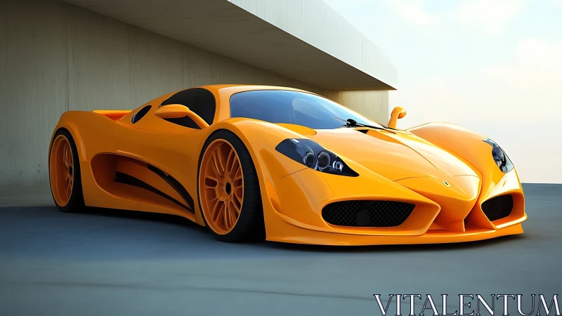 Orange supercar parked beside modern minimalist building.