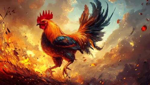 Rooster stands in fiery landscape amid dynamic clouds and sparks