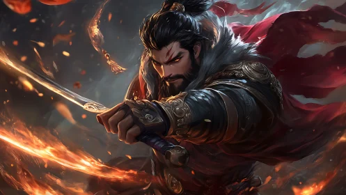 Armored swordsman advances through arcing flames in motion