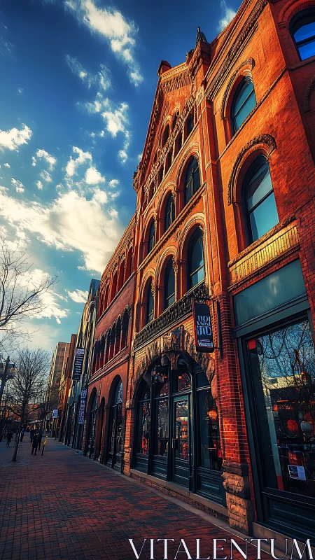 Sunlit brick titan leaning into a cobalt winter sky.
