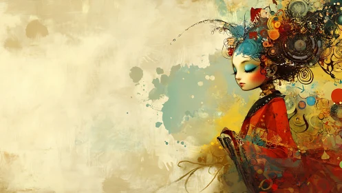 Dreaming geisha drifts through swirling abstract color clouds