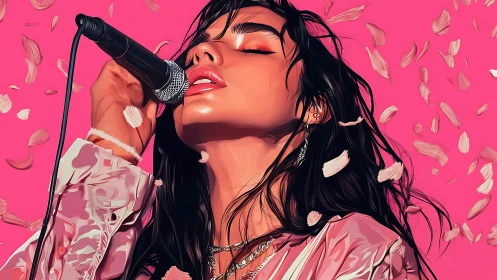 Stylized vocalist in close-up digital portrait with dynamic petals