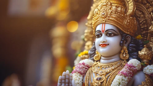 Golden deity gazes in soft bokeh light and temple bloom.