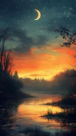 Soft crescent moon watches over a glowing river sunset