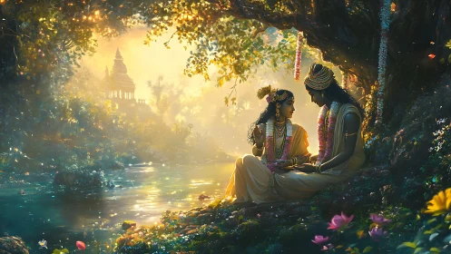Divine lovers beside river under golden forest light.