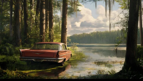 Vintage red sedan parked beside quiet forest lake shore.