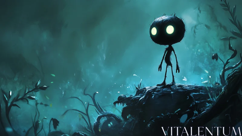 Glowing eyed forest wanderer in a misty teal dreamscape.