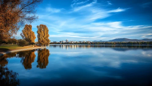 Autumn lakeside skyline reflected in calm high-contrast water