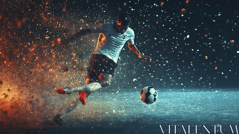 Soccer player strikes the ball through dramatic sparks and mist