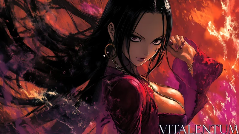 Anime portrait with dynamic fiery background and motion-rich hair.