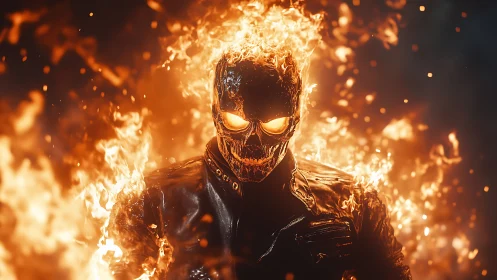 Fiery skull rider strides forward wrapped in roaring flames