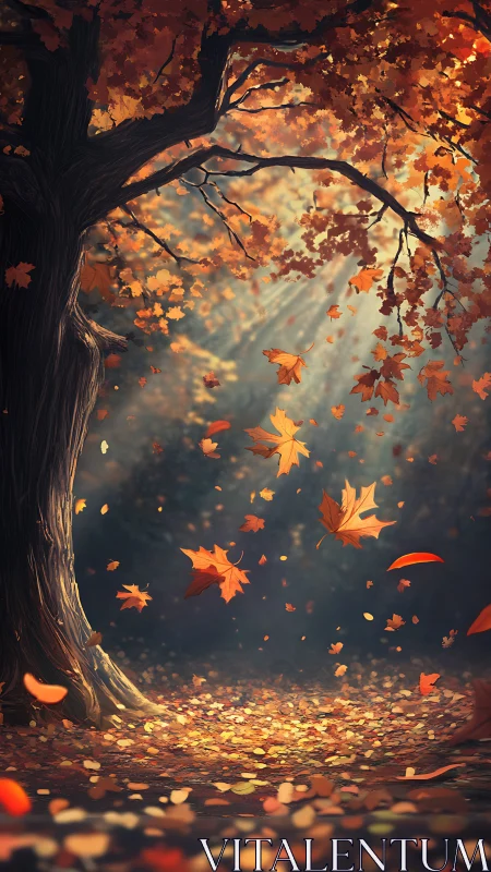 Golden autumn leaves dancing softly beneath old trees.