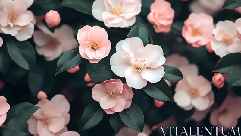 Blooming Camellia Garden in Soft Pink and White Tones.