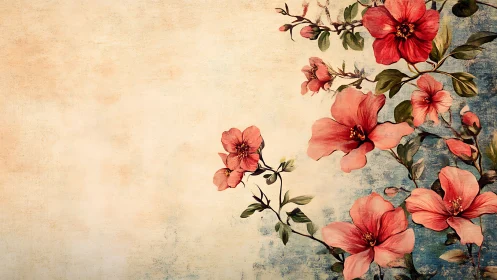 Diagonal red floral branch overlays distressed textured canvas ground