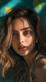 Sunlit muse gazes through dappled shadows in teal haze.