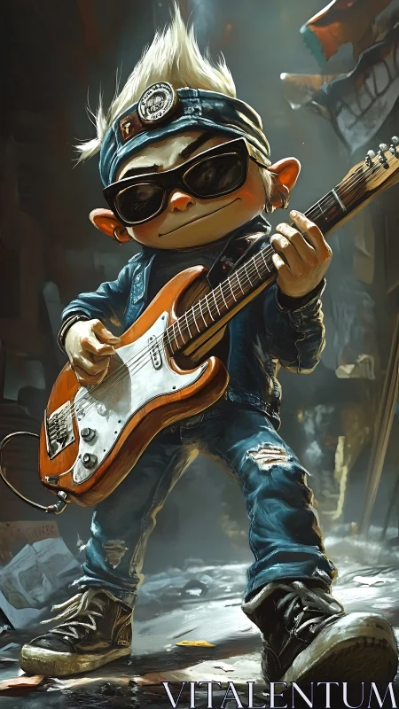 Stylized cartoon street rocker plays electric guitar