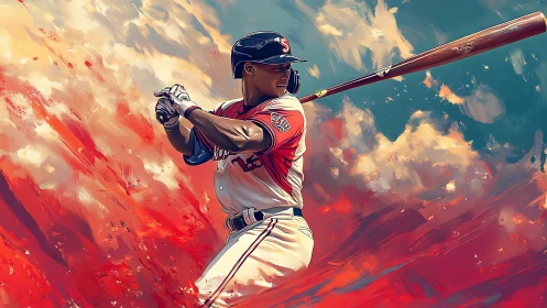 Baseball hitter in bold digital painting swing pose.