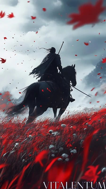 Lone armored rider crosses crimson field under storm sky.