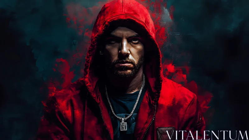 Moody hooded portrait glowing with bold red intensity.