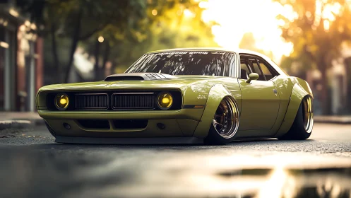 Low-slung lime muscle car prowls a golden city sunset.