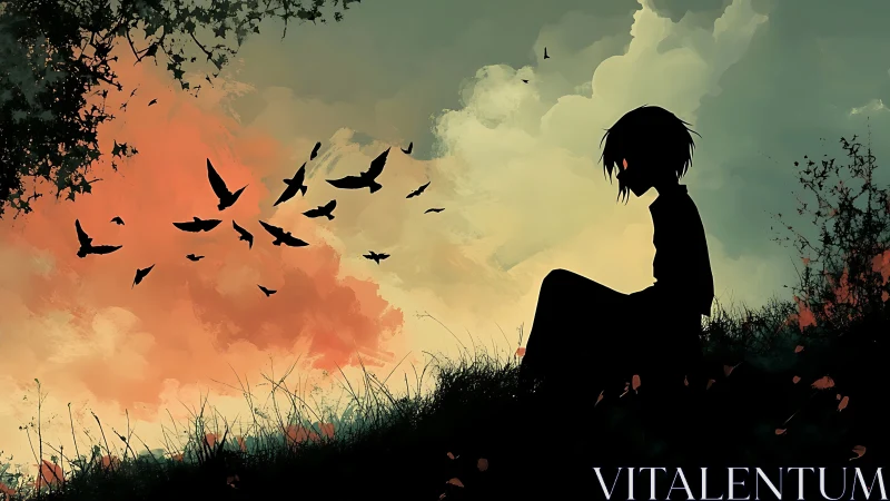 Silhouetted figure on hillside with birds against dusk sky.