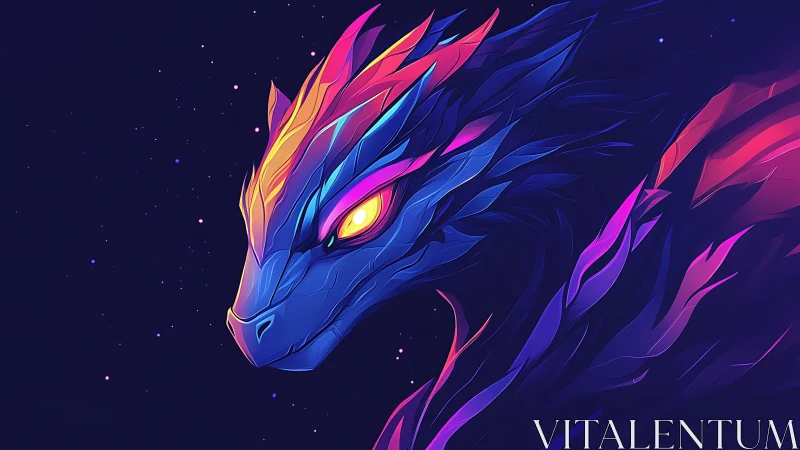 Neon dragon head illustration with abstract cosmic background.