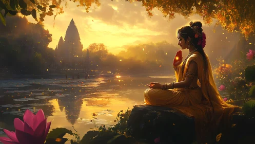 Meditating figure by riverside temple at golden sunset light.