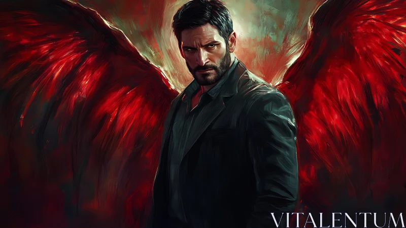 Crimson wings coil behind a brooding, midnight-suited guardian