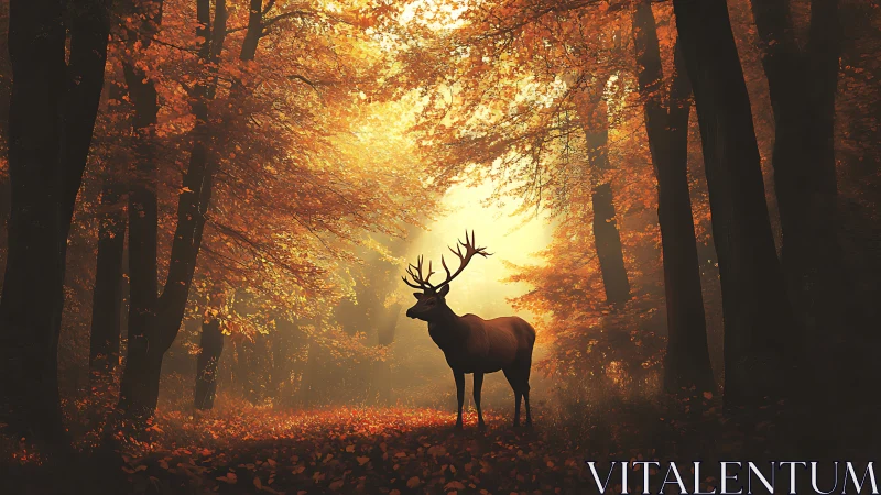 Majestic stag in radiant autumn forest, glowing sunlight, dramatic mood.