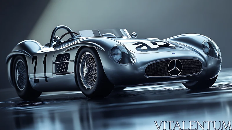 Silver vintage race car render with detailed reflections.