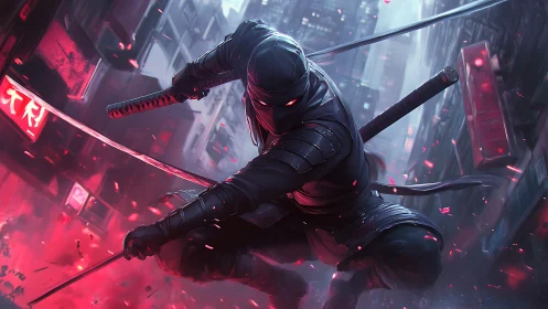 Neon rooftops ignite as a shadowy cyber ninja descends.