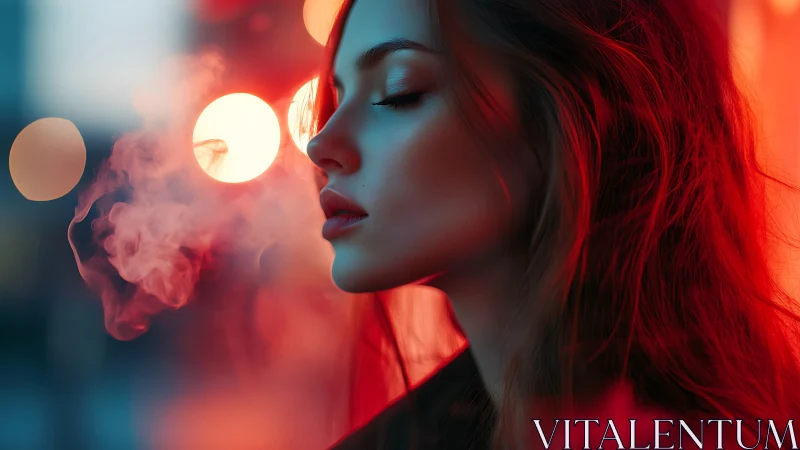 Woman exhales red-tinted vapor under blurred neon bokeh lights