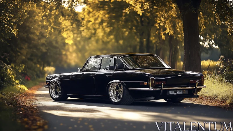 Black classic sedan is parked on a tree lined country road