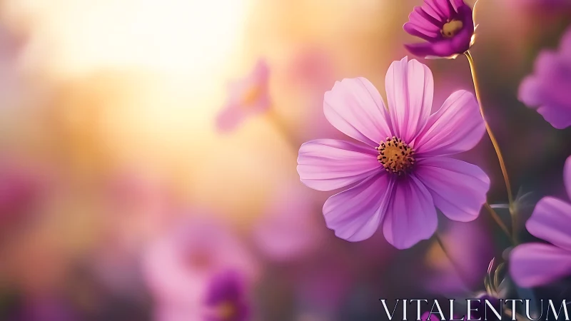 Pink cosmos flowers with soft focus bokeh and golden hour lighting.
