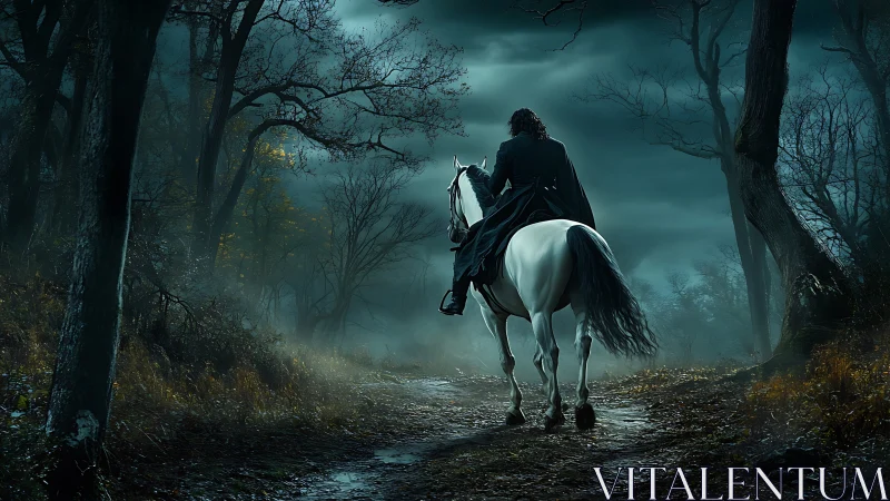 Solitary rider on white horse follows forest path at dusk