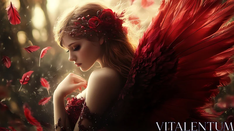 Red winged fairy in soft golden forest light at dusk.