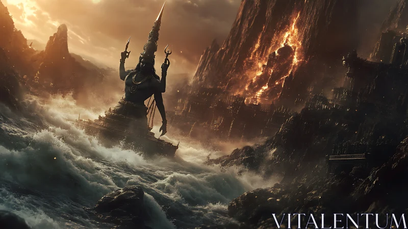 Submerged deity statue faces turbulent sea and volcanic slope