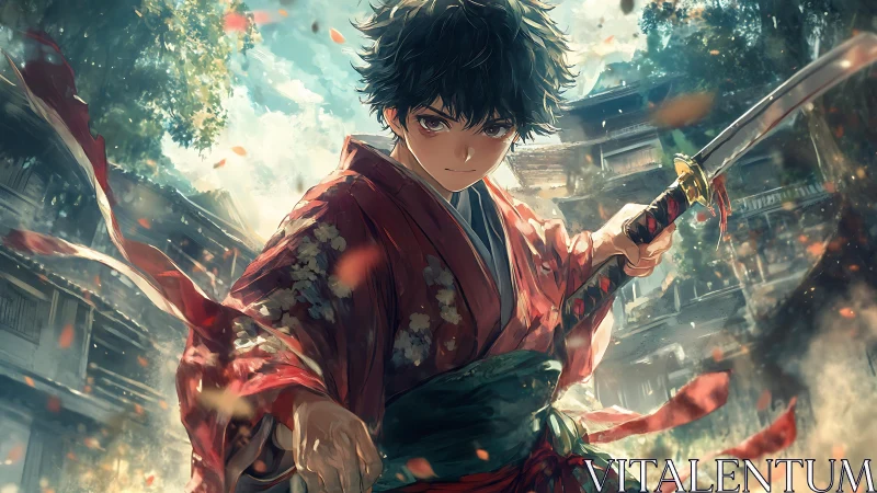 Young samurai in swirling autumn light and quiet resolve.