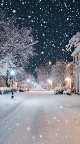Snowy night street glows softly under falling winter flakes