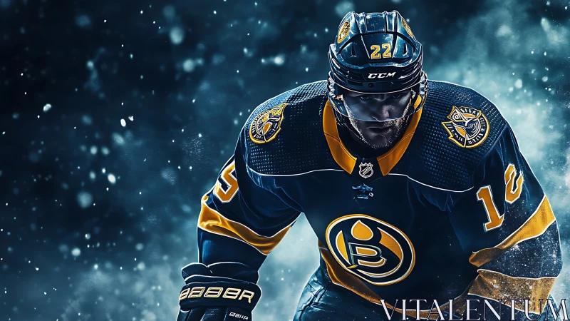 Powerful hockey player charges forward under icy arena lights