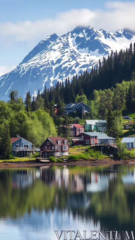 Lakeside village below snowcapped mountain ridge reflection.