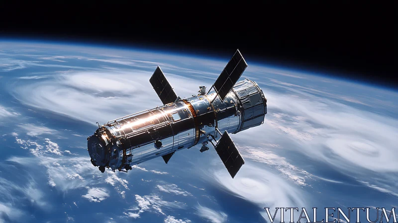 Earth orbit telescope above swirling cloud systems in space.