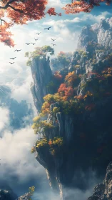 Vertiginous mist-cloaked cliffs with autumn canopy and birds