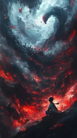 Lone anime warrior gazes into swirling apocalyptic sky.