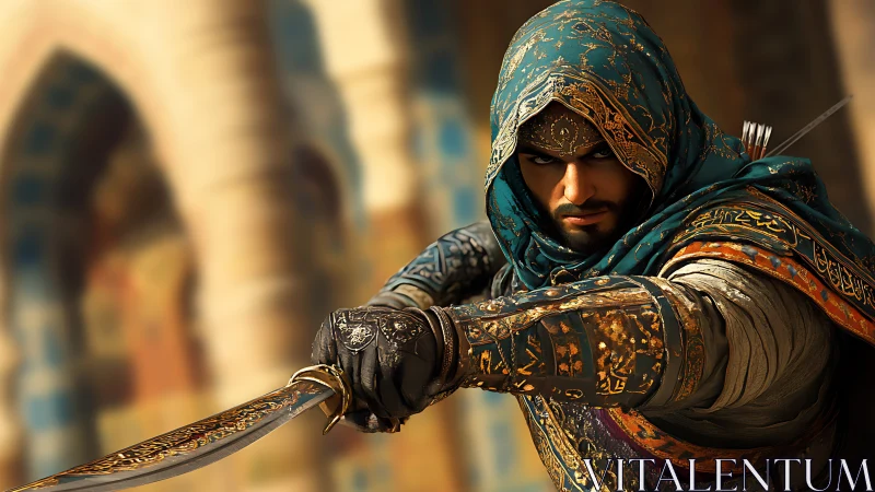 Hooded desert warrior poised with ornate curved sword.