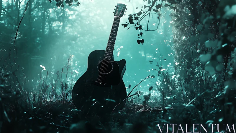 Acoustic guitar stands upright in dense, teal-tinted forest