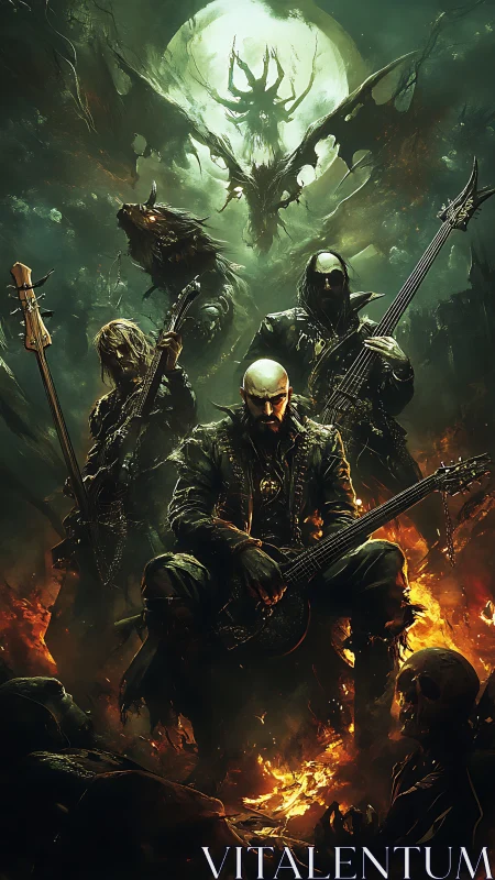 Demonic metal band under infernal moonlit dragon omen.