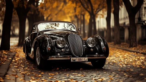 Vintage black roadster resting in a golden autumn lane.