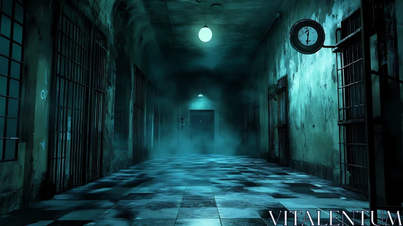 Moody blue prison corridor with fog and ticking wall clock.