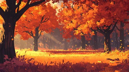 Autumnal Forest Ablaze with Luminous Foliage and Falling Leaves